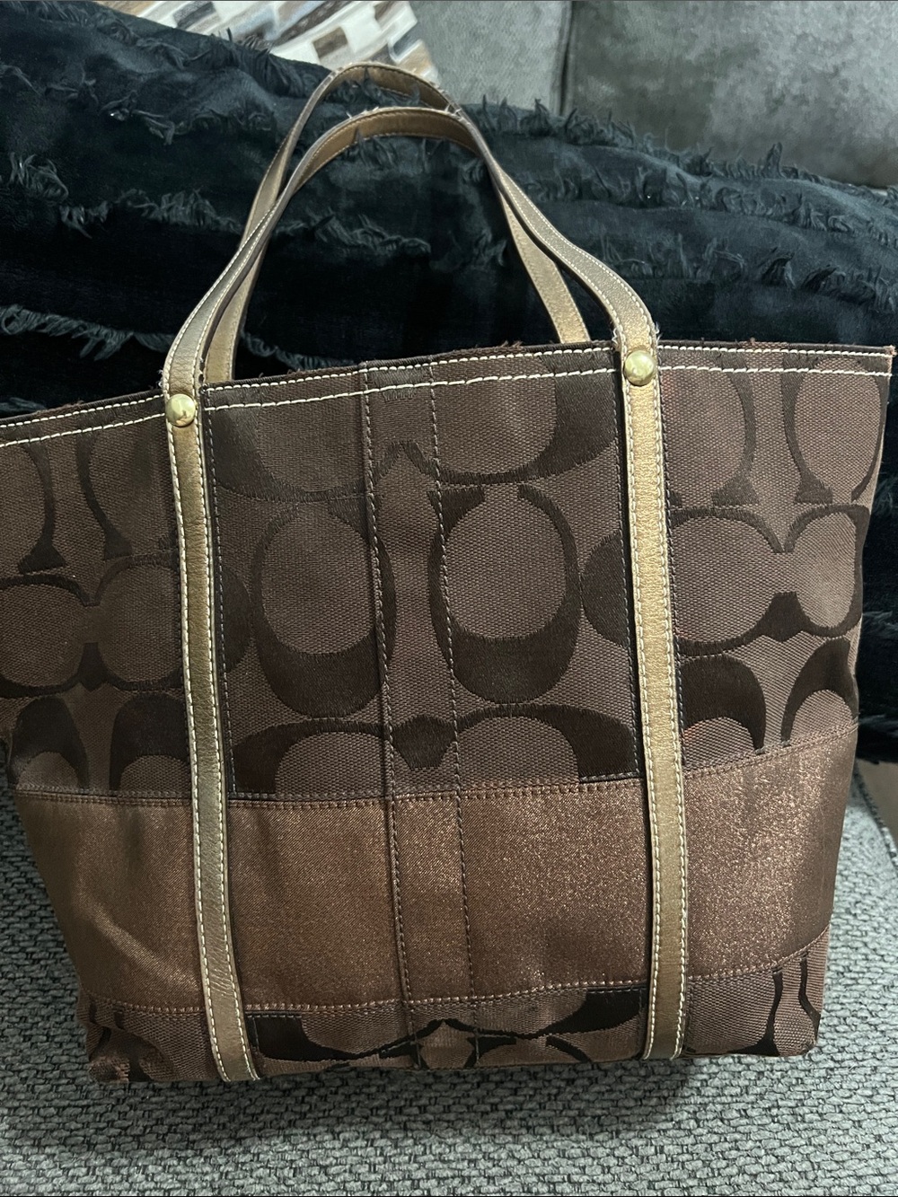 Coach Brown Signature Canvas and Metallic Bronze Tote